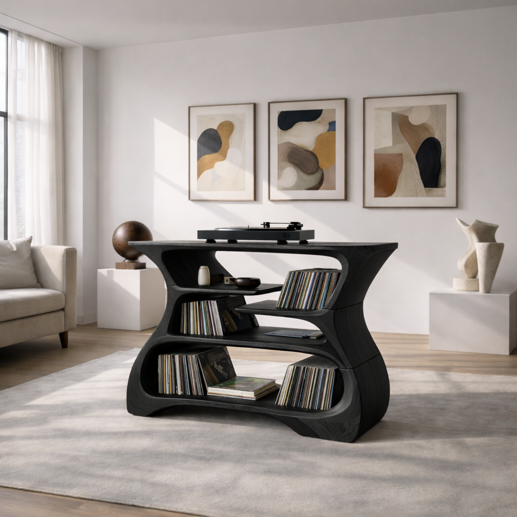 Sculptural Solid Wood Record Player Stand with Vinyl Record Storage Kitchnce