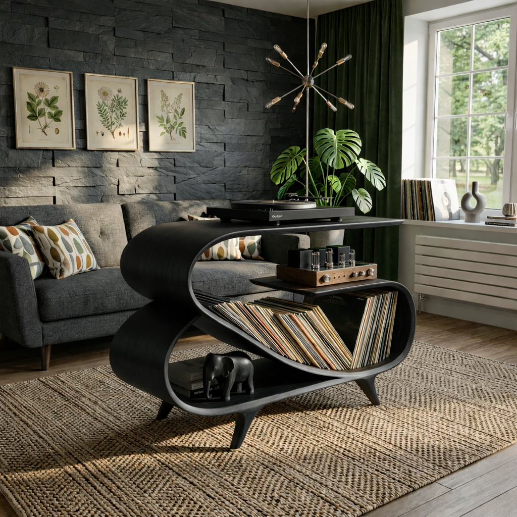 Wave Curve Solid Wood Record Player Stand with Vinyl Storage Shelf