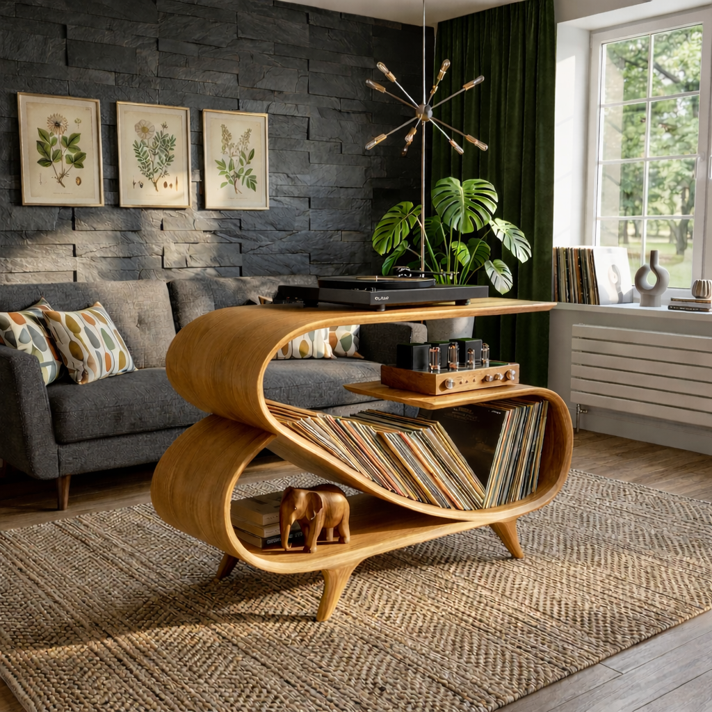 Wave Curve Solid Wood Record Player Stand with Vinyl Storage Shelf