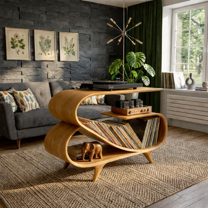 Wave Curve Solid Wood Record Player Stand with Vinyl Storage Shelf Kitchnce