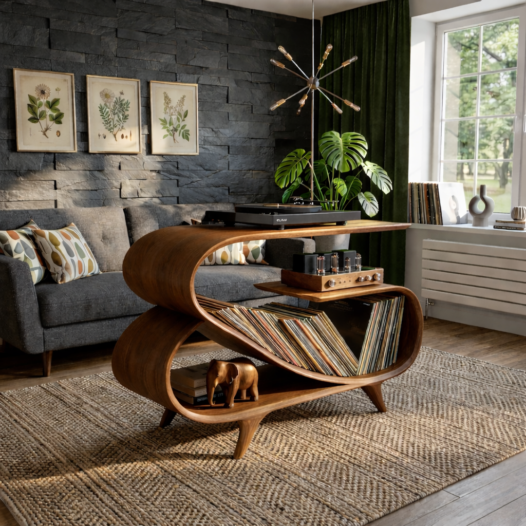 Wave Curve Solid Wood Record Player Stand with Vinyl Storage Shelf