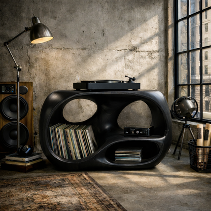 Organic Curve Solid Wood Record Player Stand with Built-In Vinyl Storage Kitchnce