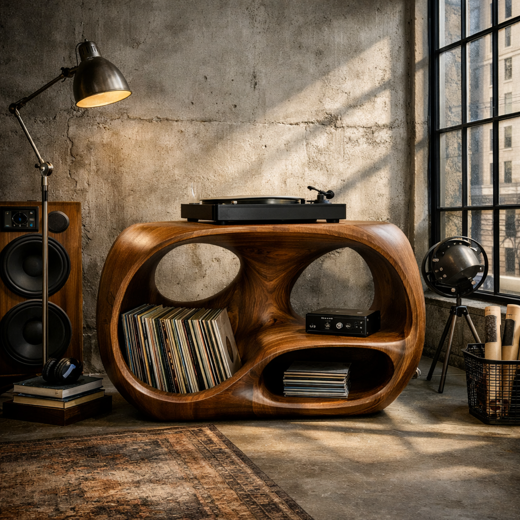 Organic Curve Solid Wood Record Player Stand with Built-In Vinyl Storage Kitchnce
