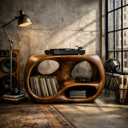 Organic Curve Solid Wood Record Player Stand with Built-In Vinyl Storage Kitchnce