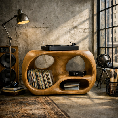 Organic Curve Solid Wood Record Player Stand with Built-In Vinyl Storage Kitchnce