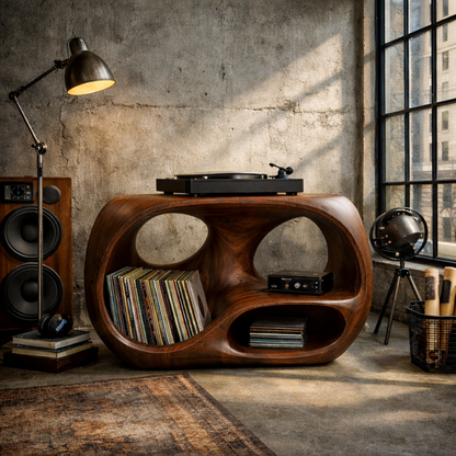 Organic Curve Solid Wood Record Player Stand with Built-In Vinyl Storage Kitchnce