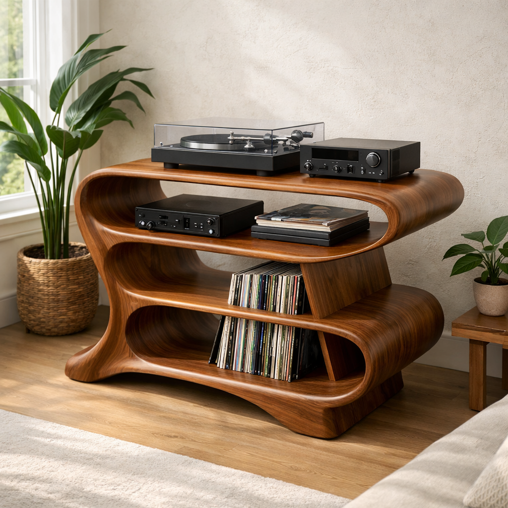 Wave-Shaped Solid Wood Record Player Stand with Open Vinyl Storage Shelves Kitchnce