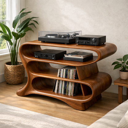 Wave-Shaped Solid Wood Record Player Stand with Open Vinyl Storage Shelves Kitchnce