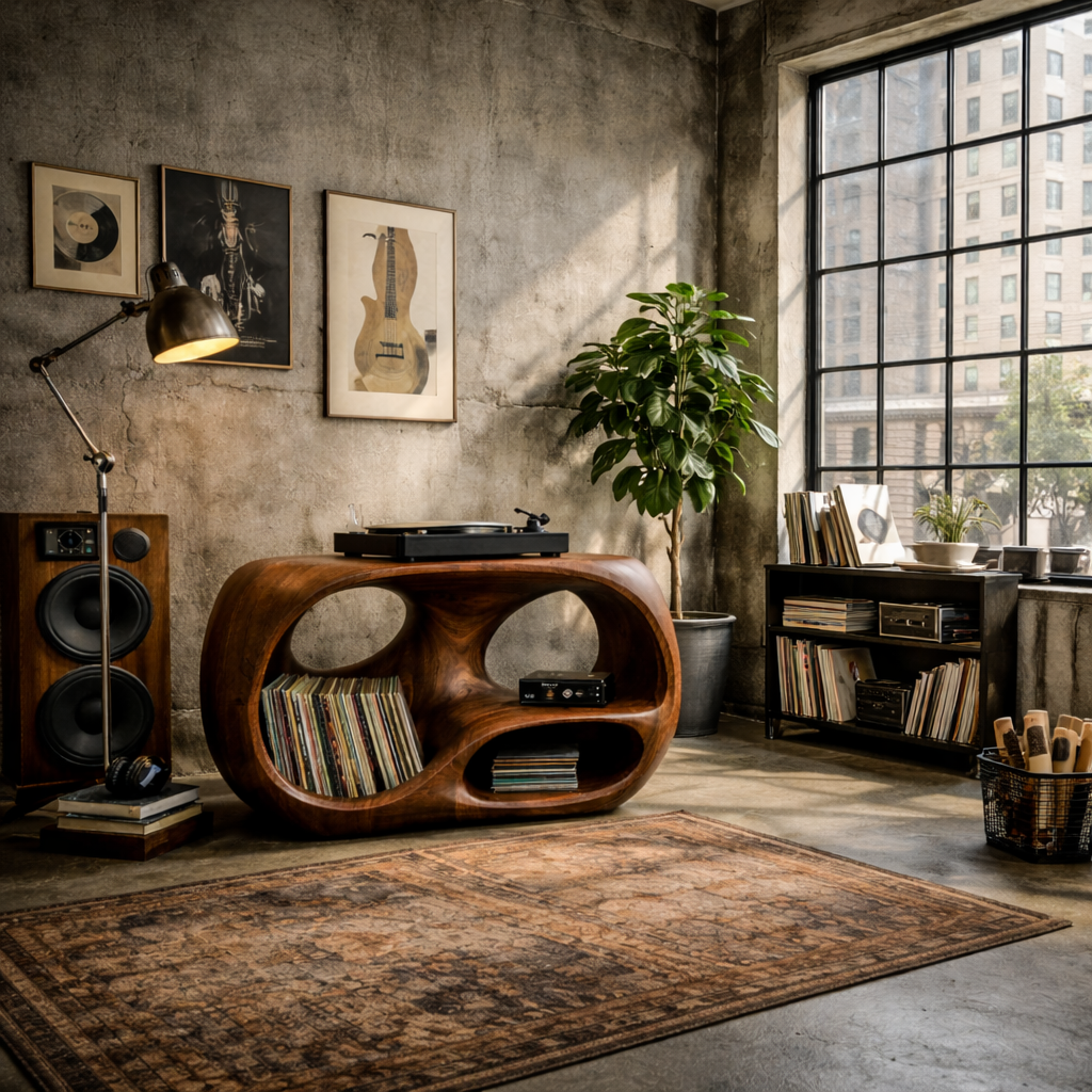 Organic Curve Solid Wood Record Player Stand with Built-In Vinyl Storage Kitchnce