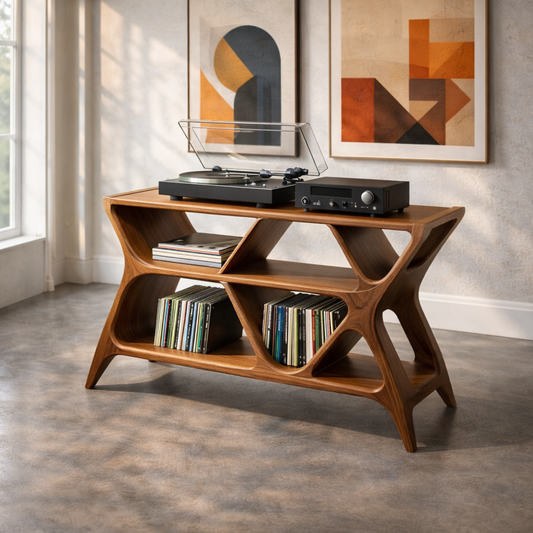 Geometric Solid Wood Record Player Stand with Multi-Shelf Vinyl Storage Kitchnce