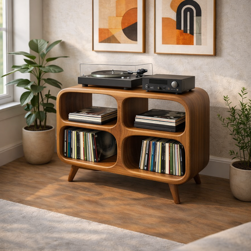 Rounded Cube Solid Wood Record Player Stand with 4-Compartment Vinyl Storage Kitchnce