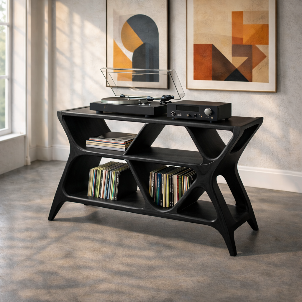 Geometric Solid Wood Record Player Stand with Multi-Shelf Vinyl Storage Kitchnce