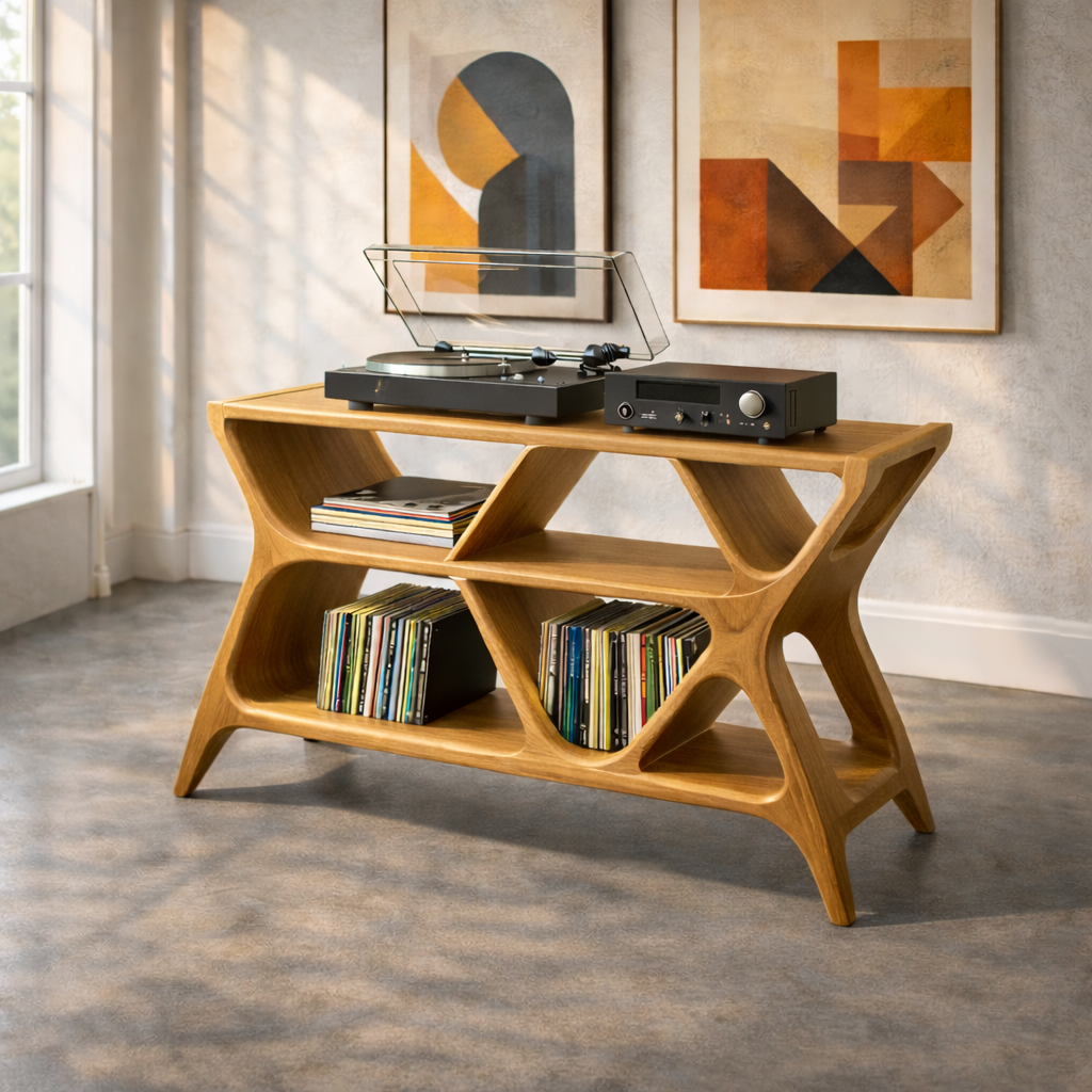 Geometric Solid Wood Record Player Stand with Multi-Shelf Vinyl Storage Kitchnce