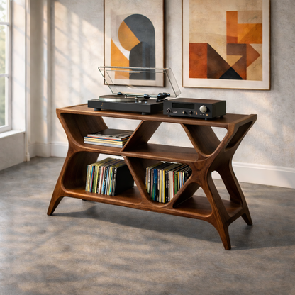 Geometric Solid Wood Record Player Stand with Multi-Shelf Vinyl Storage Kitchnce