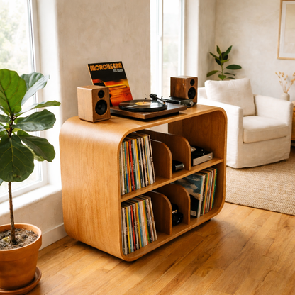 Curved Solid Wood Record Player Stand with Vertical Vinyl Storage Cabinet Kitchnce