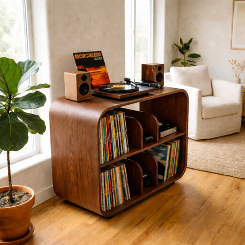 Curved Solid Wood Record Player Stand with Vertical Vinyl Storage Cabinet Kitchnce