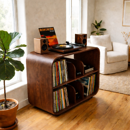 Curved Solid Wood Record Player Stand with Vertical Vinyl Storage Cabinet Kitchnce