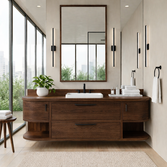 Handcrafted Floating Vanity with Open Shelving - Solid Wood Curved Bathroom Cabinet Kitchnce