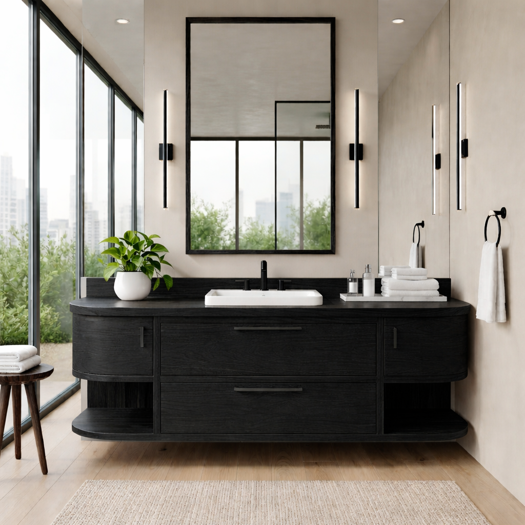 Handcrafted Floating Vanity with Open Shelving - Solid Wood Curved Bathroom Cabinet Kitchnce
