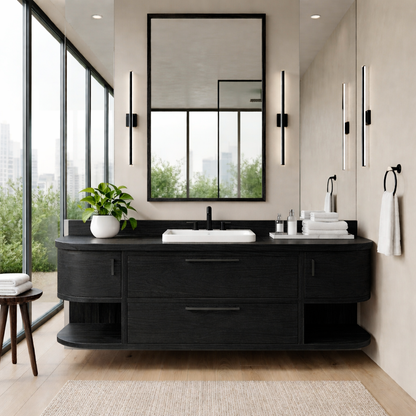 Handcrafted Floating Vanity with Open Shelving - Solid Wood Curved Bathroom Cabinet Kitchnce