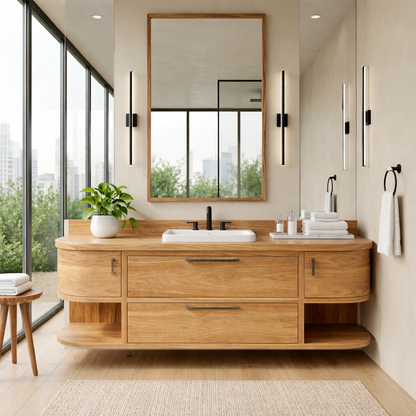 Handcrafted Floating Vanity with Open Shelving - Solid Wood Curved Bathroom Cabinet Kitchnce