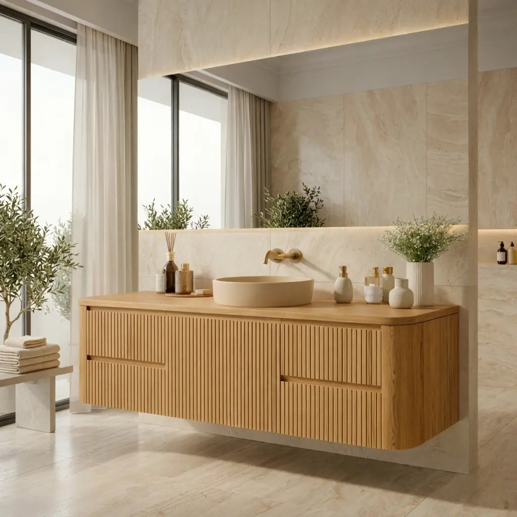 Floating Bathroom Vanity with Ribbed Design and Spacious Drawers – Handcrafted Solid Wood Kitchnce