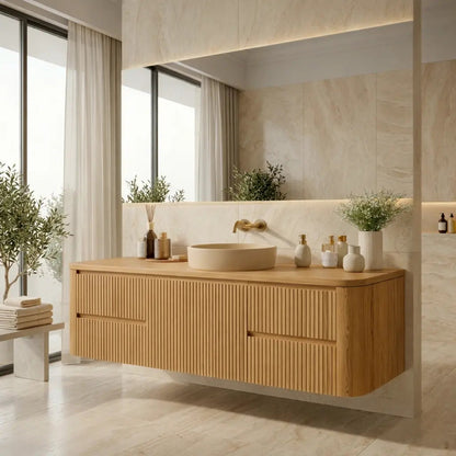 Floating Bathroom Vanity with Ribbed Design and Spacious Drawers – Handcrafted Solid Wood Kitchnce