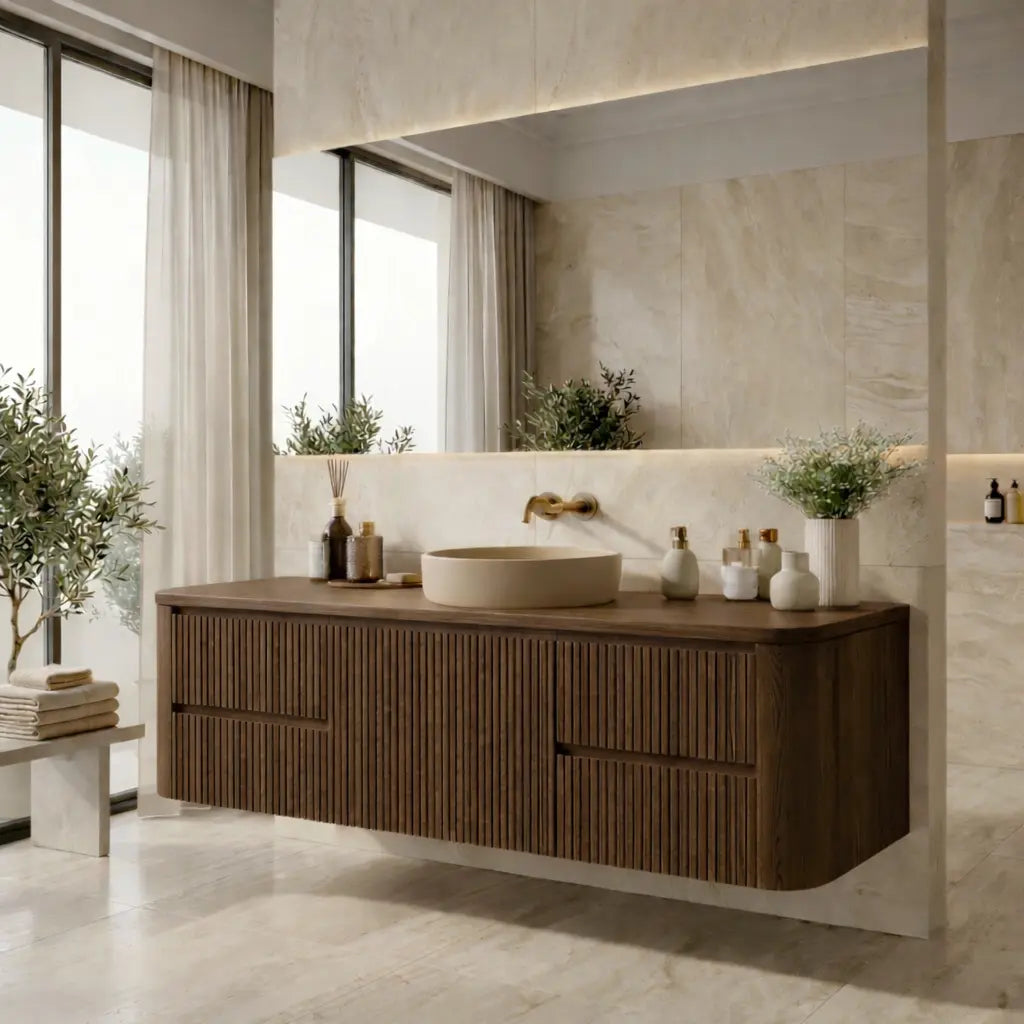 Floating Bathroom Vanity with Ribbed Design and Spacious Drawers – Handcrafted Solid Wood Kitchnce