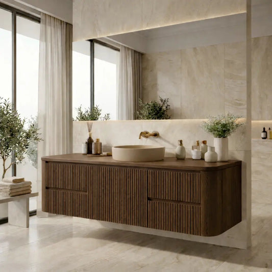 Floating Bathroom Vanity with Ribbed Design and Spacious Drawers – Handcrafted Solid Wood Kitchnce