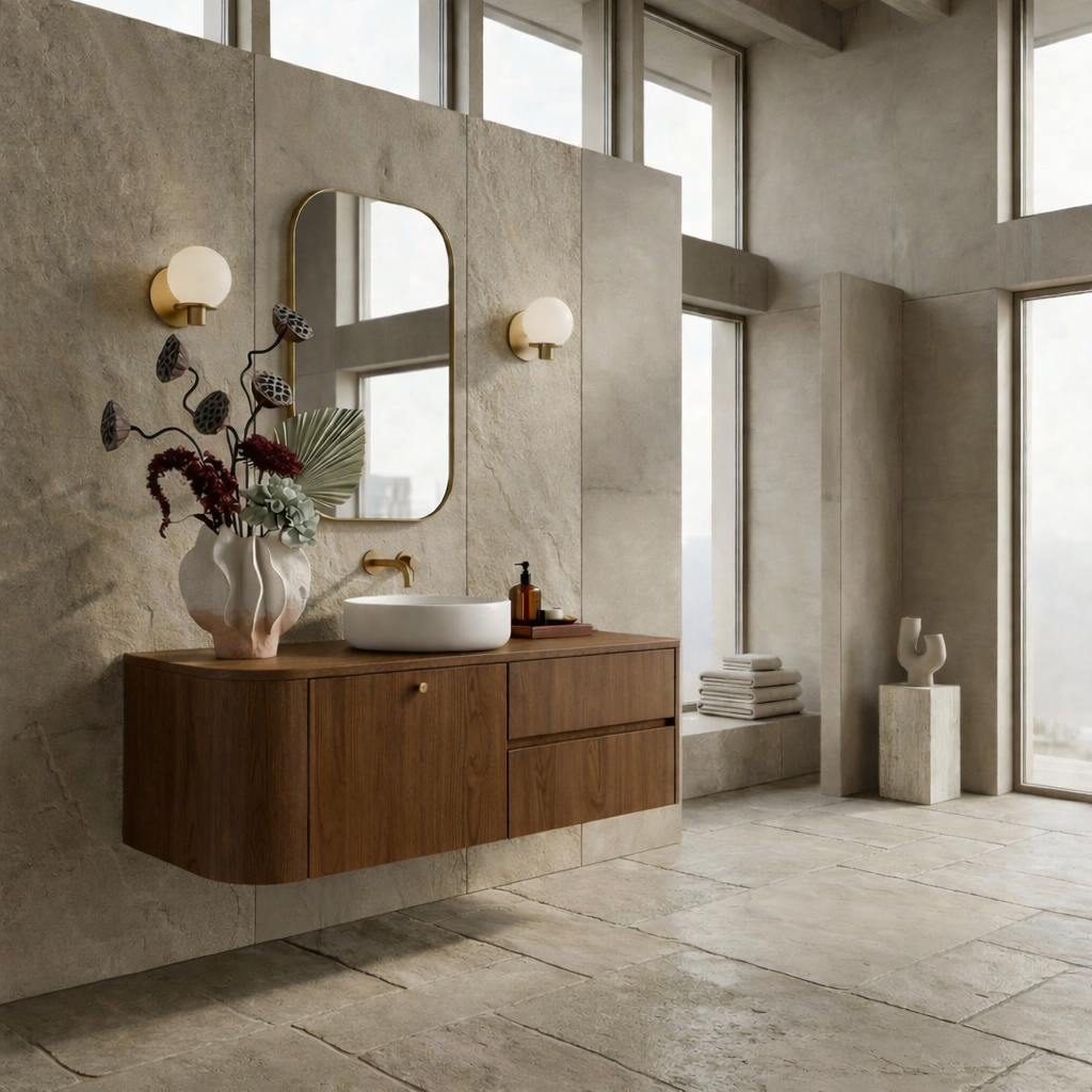 Floating Bathroom Vanity with Curved Edges and Spacious Drawers – Handcrafted Solid Wood Design Kitchnce
