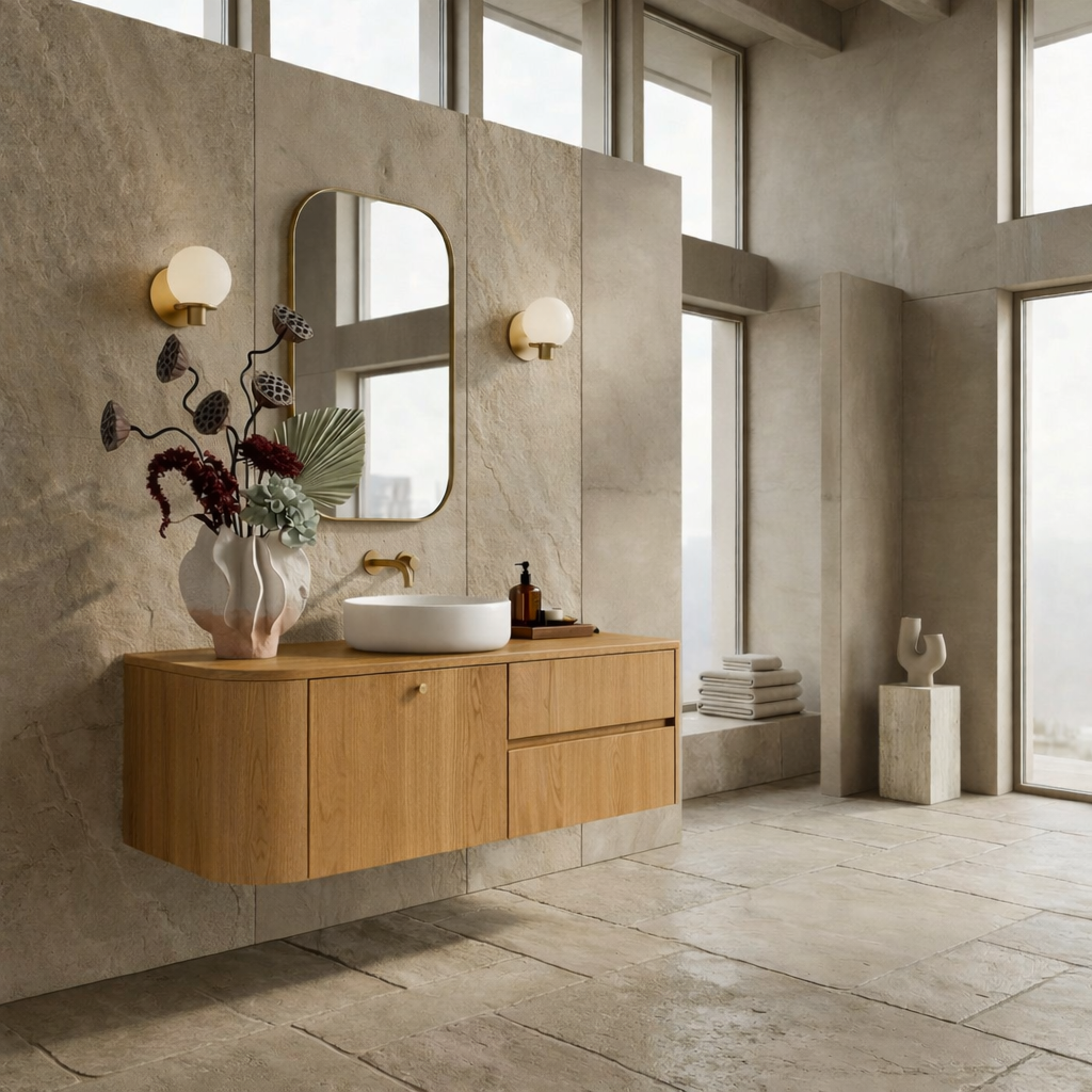 Floating Bathroom Vanity with Curved Edges and Spacious Drawers – Handcrafted Solid Wood Design Kitchnce
