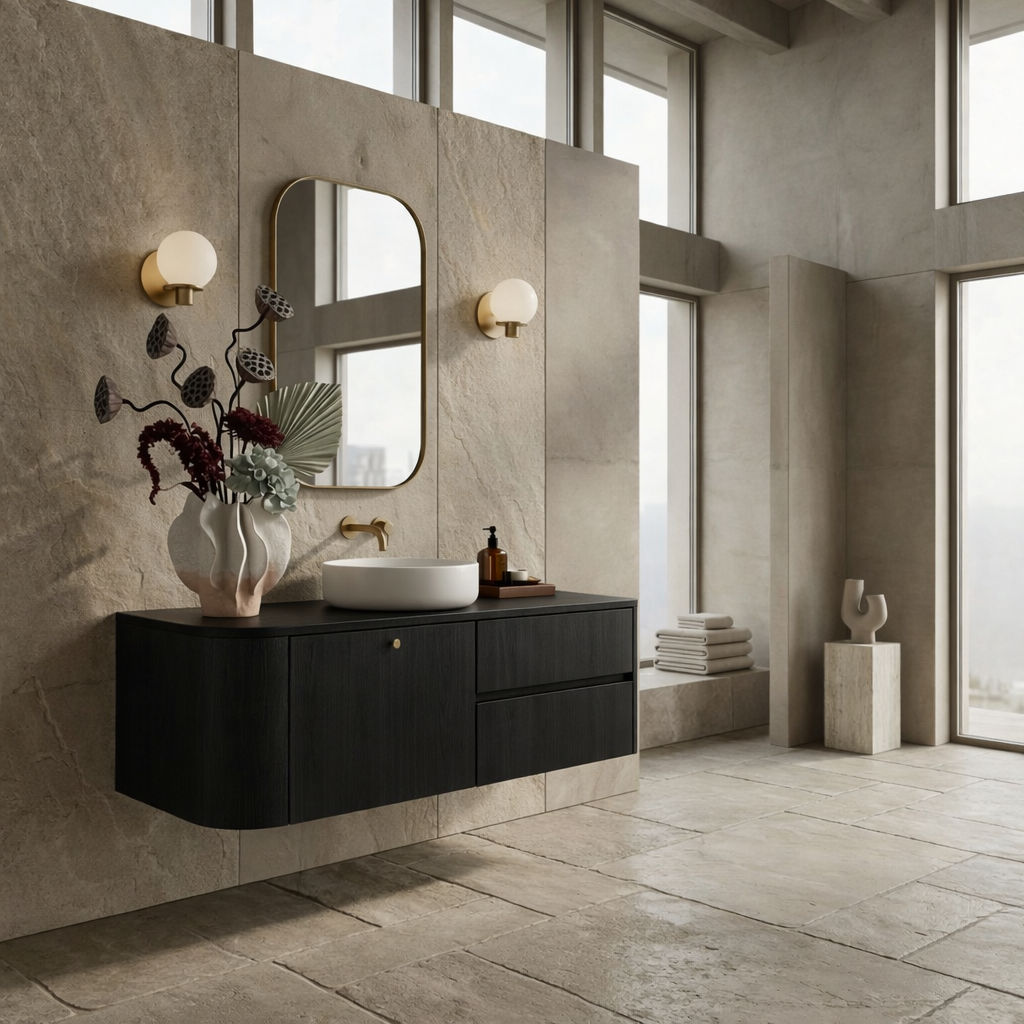 Floating Bathroom Vanity with Curved Edges and Spacious Drawers – Handcrafted Solid Wood Design Kitchnce