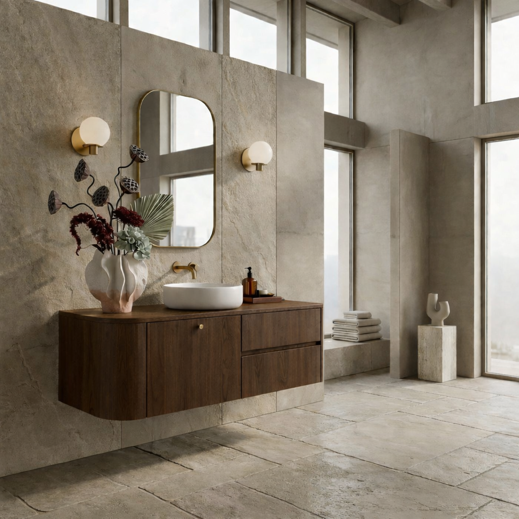 Floating Bathroom Vanity with Curved Edges and Spacious Drawers – Handcrafted Solid Wood Design Kitchnce