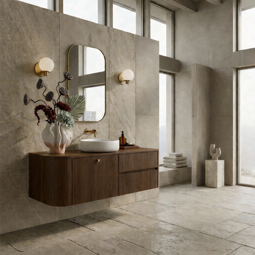 Floating Bathroom Vanity with Curved Edges and Spacious Drawers – Handcrafted Solid Wood Design Kitchnce