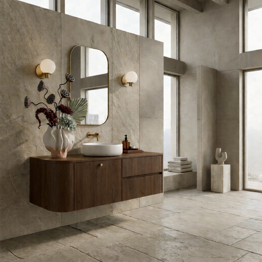Floating Bathroom Vanity with Curved Edges and Spacious Drawers – Handcrafted Solid Wood Design Kitchnce