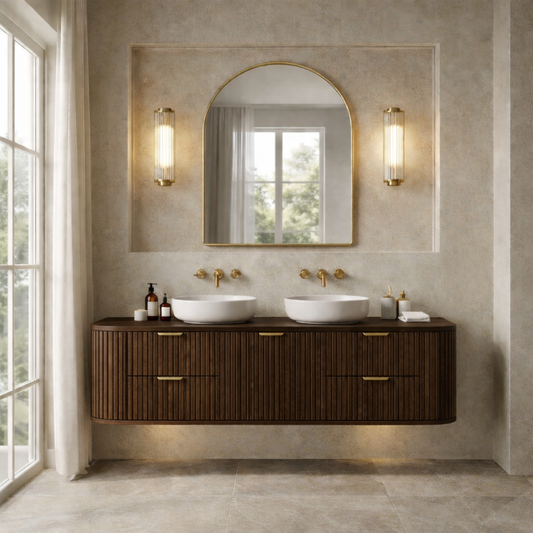 Handcrafted Floating Bathroom Vanity with Fluted Drawers – Elegant Wooden Design Kitchnce