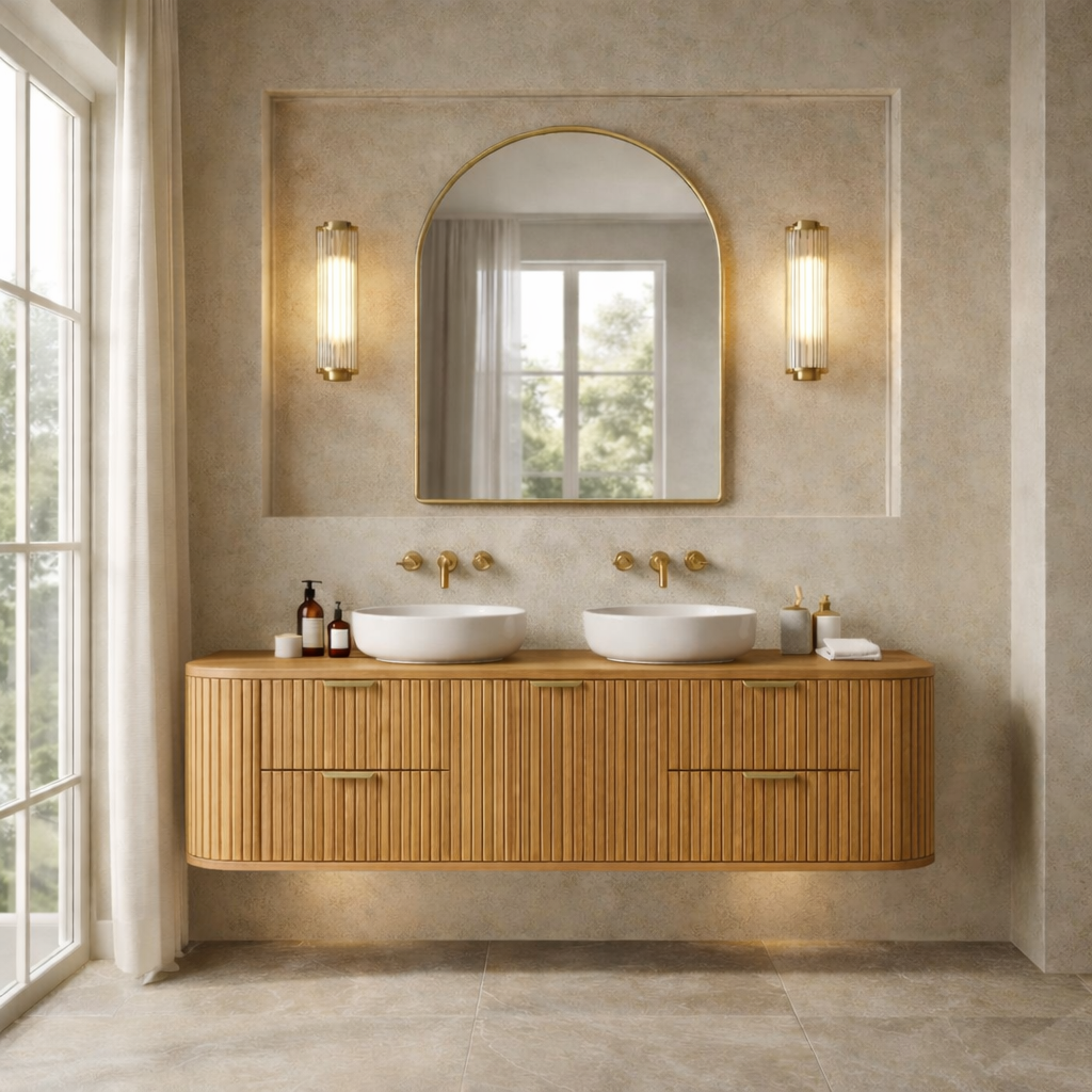 Handcrafted Floating Bathroom Vanity with Fluted Drawers – Elegant Wooden Design Kitchnce