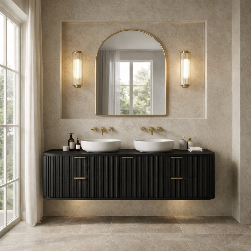 Handcrafted Floating Bathroom Vanity with Fluted Drawers – Elegant Wooden Design Kitchnce
