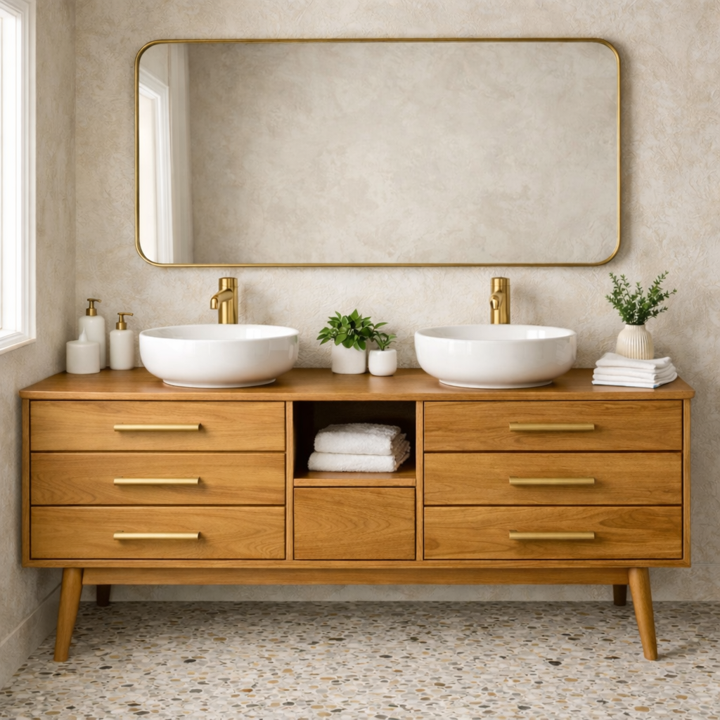 Symmetrical 6-Drawer Freestanding Vanity - Handcrafted Solid Wood Double Console Kitchnce