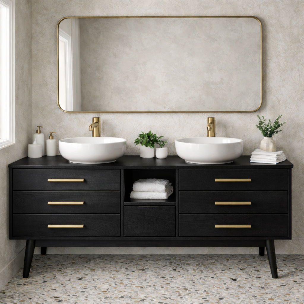 Symmetrical 6-Drawer Freestanding Vanity - Handcrafted Solid Wood Double Console Kitchnce