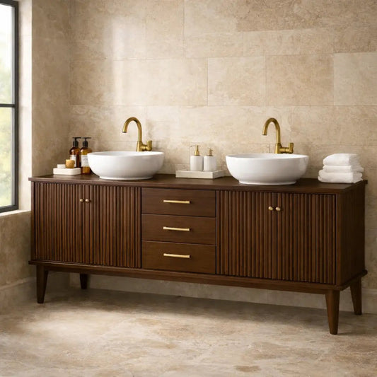 Handcrafted Fluted Freestanding Double Vanity - Solid Wood Mid-Century Modern Cabinet Kitchnce