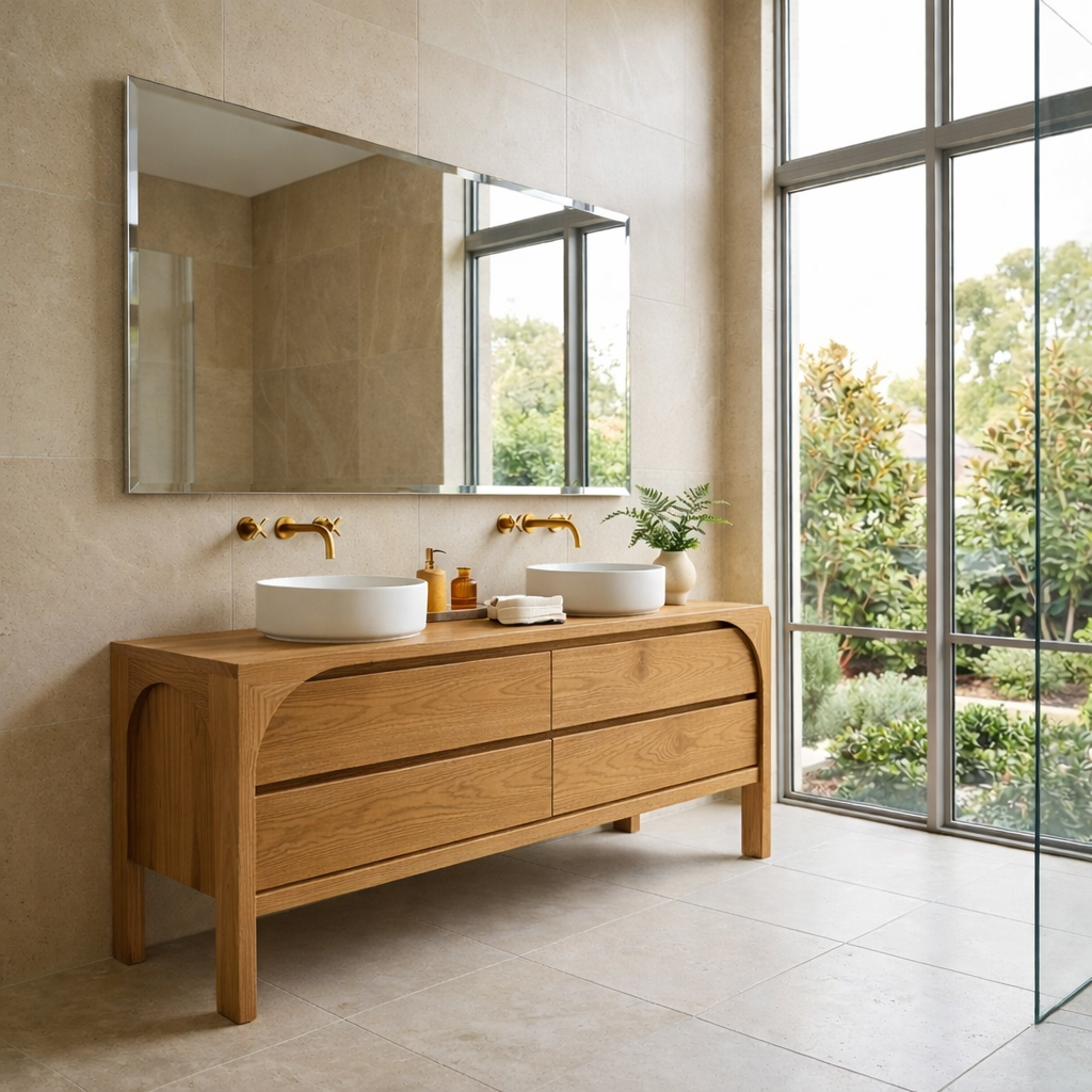 Solid Wood Modern Double Sink Bathroom Vanity with Curved Edge Frame & 4 Drawers Kitchnce