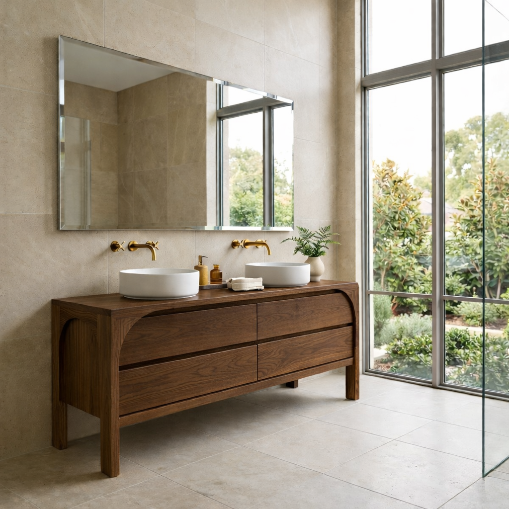 Solid Wood Modern Double Sink Bathroom Vanity with Curved Edge Frame & 4 Drawers Kitchnce