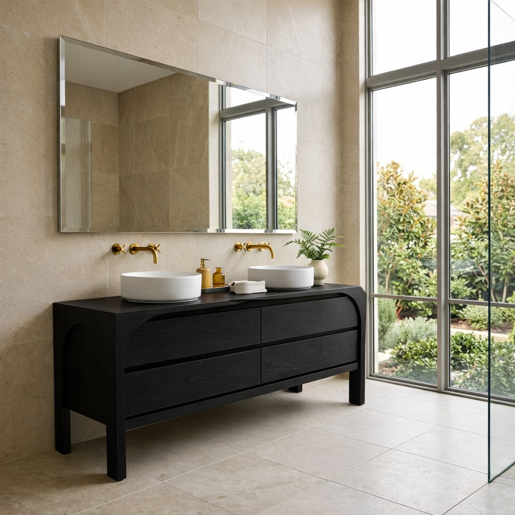 Solid Wood Modern Double Sink Bathroom Vanity with Curved Edge Frame & 4 Drawers Kitchnce