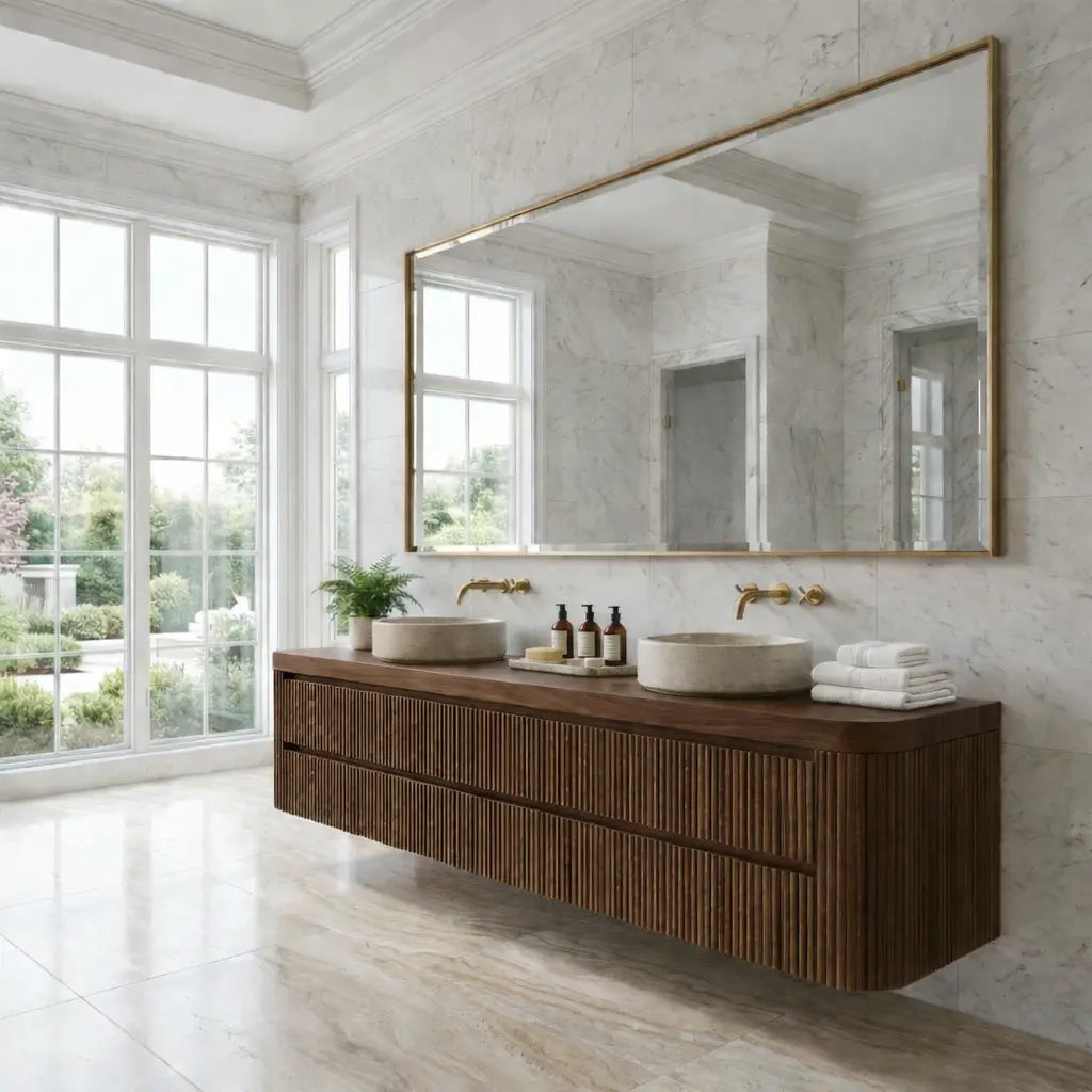 Floating Double Sink Bathroom Vanity with Fluted Front Drawers – Modern Solid Wood Kitchnce
