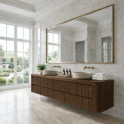 Floating Double Sink Bathroom Vanity with Fluted Front Drawers – Modern Solid Wood Kitchnce