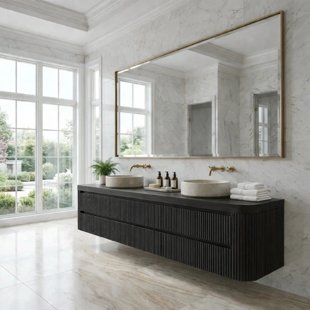 Floating Double Sink Bathroom Vanity with Fluted Front Drawers – Modern Solid Wood Kitchnce