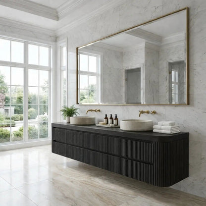 Floating Double Sink Bathroom Vanity with Fluted Front Drawers – Modern Solid Wood Kitchnce