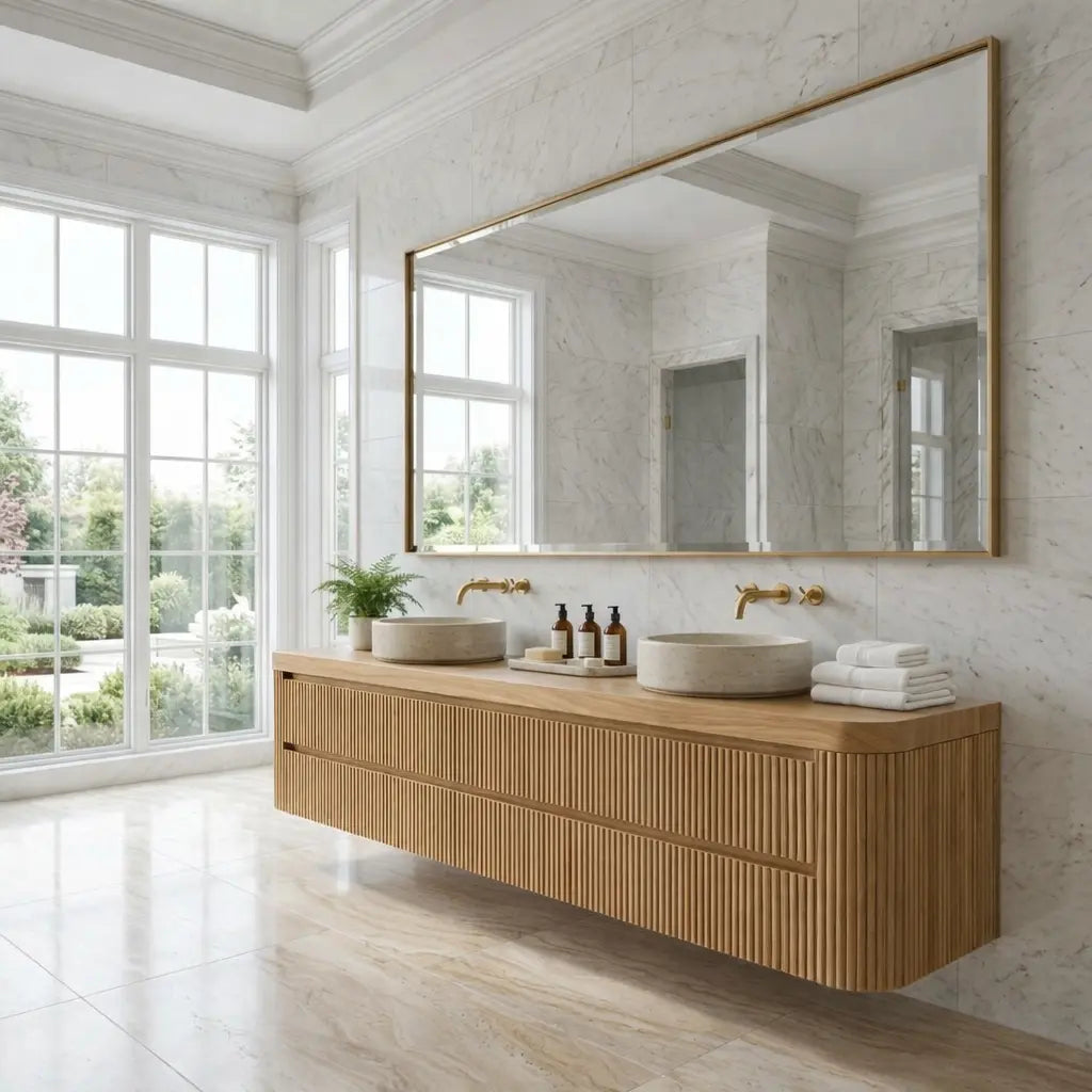 Floating Double Sink Bathroom Vanity with Fluted Front Drawers – Modern Solid Wood Kitchnce