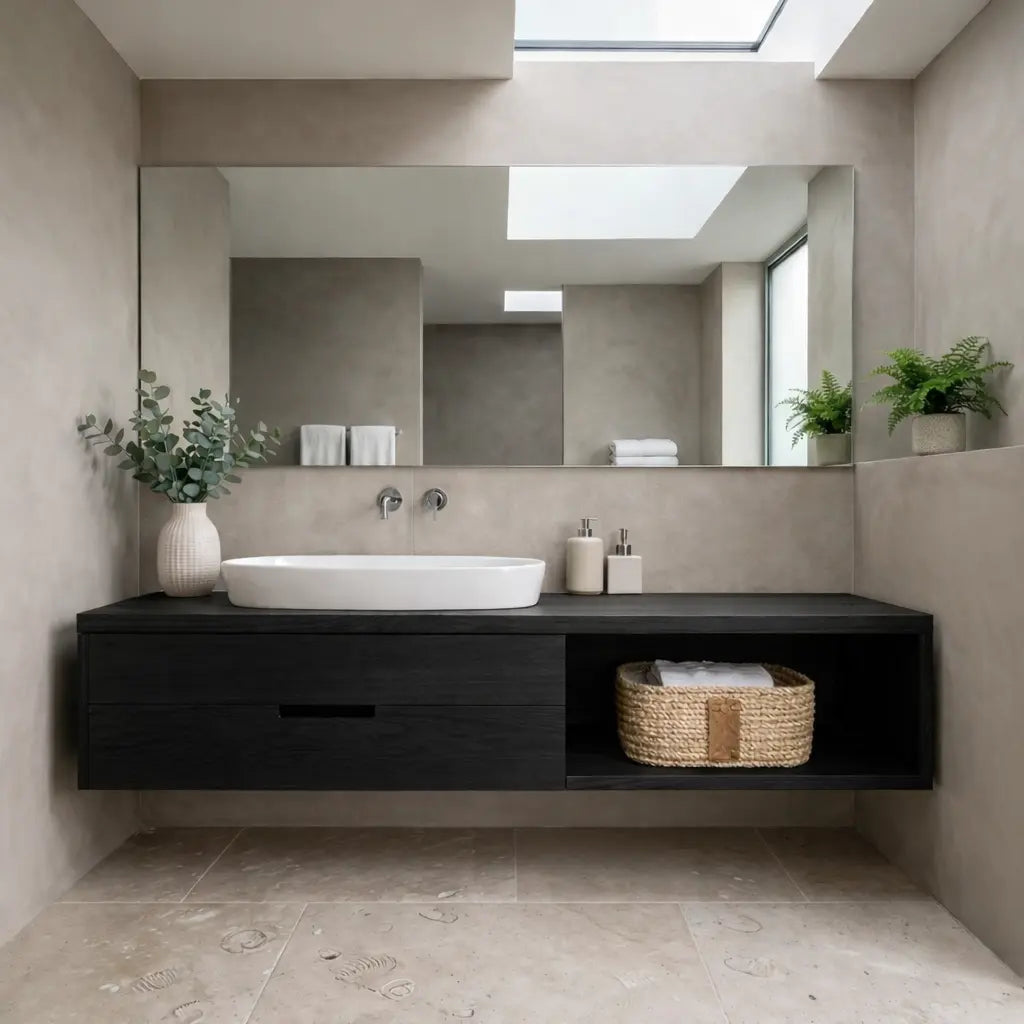 Handcrafted Floating Vanity with Open Cubby - Solid Wood Modern Minimalist Bathroom Cabinet Kitchnce